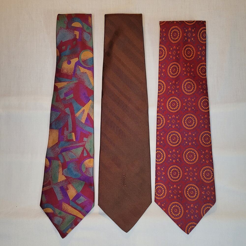 Vintage Neckties Silk Yves Saint Laurent Gimbels Mark Mathieu Brown Red Lot Of 3